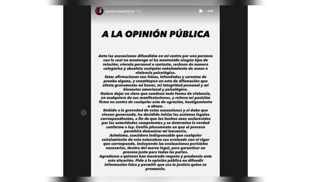 Comunicado de Paul Michael. Fuente: Instagram.
