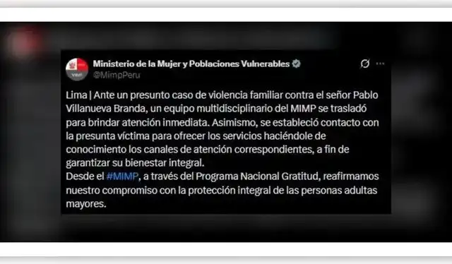 Comunicado de la Ministerio de la Mujer sobre Melcochita. Fuente: X.