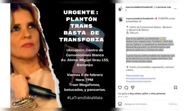 Plantón contra la transfobia por comentarios de Johanna San Miguel será este viernes 6. Fuente: Instagram.