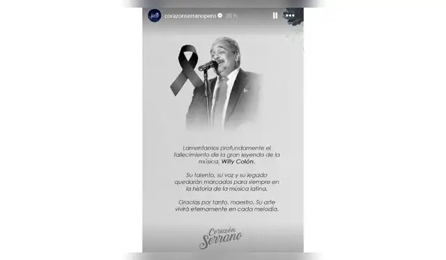 Comunicado de Corazón Serrano sobre la muerte de Willie Colón. Fuente: Instagram. 