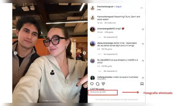 Francesca Montenegro elimina sus fotos con Adrián Villar. Fuente: Instagram.