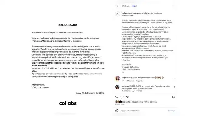 Comunicado de Collabs despidiendo a Francesca Montenegro. Fuente: Instagram. Comunicado de Collabs despidiendo a Francesca Montenegro. Fuente: Instagram.