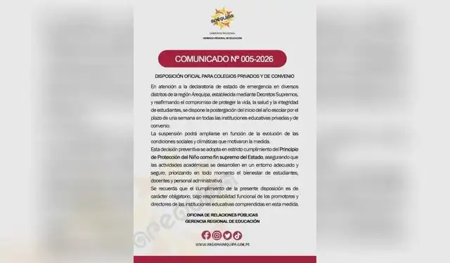 Gobierno Regional de Arequipa posterga el inicio de las clases escolares marzo 2026.