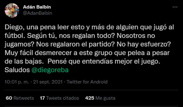 El mensaje de Adán Balbín contra Diego Rebagliati. | FUENTE: Twitter.   