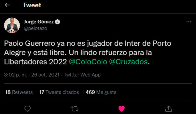 Periodista habló acerca de la posibilidad que Paolo Guerrero llegue a Colo Colo. | FUENTE: Twitter.   