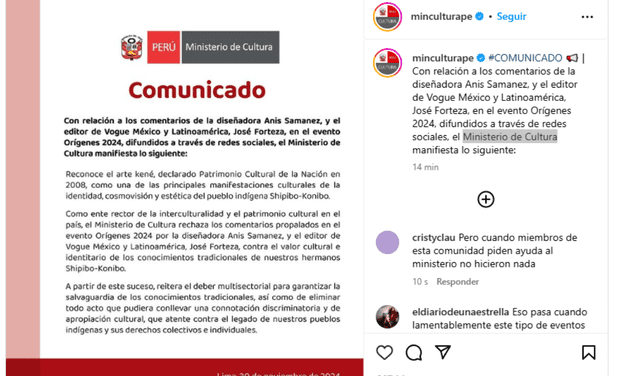  Ministerio de Cultura se pronuncia en contra de diseñadora Anis Samanez 