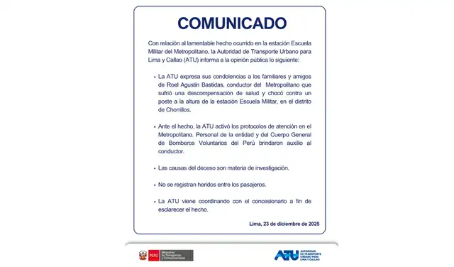 <strong> Comunicado de la ATU. Foto: X de ATU</strong> <strong> Comunicado de la ATU. Foto: X de ATU</strong>