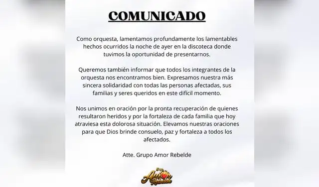 El grupo Amor Rebelde emitió un comunicado tras el atentado.