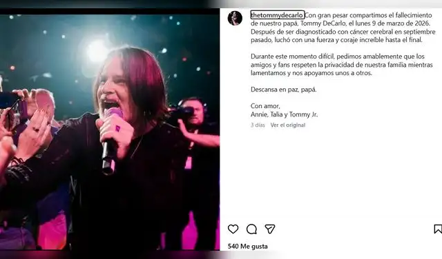 Los hijos del cantante Tommy DeCarlo fueron los encargados de dar a conocer su fallecimiento.