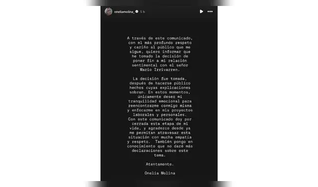 Comunicado de Onelia Molina sobre su separación.