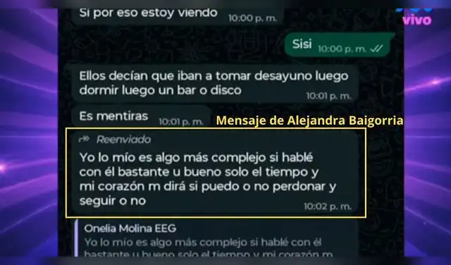 Mensaje de Alejandra Baigorria que compartió Onelia Molina a Magaly TV La Firme.