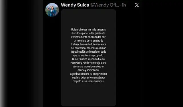 Wendy Sulca y la polémica publicación sobre Manolo Rojas. Foto: captura X/Wendy Sulcay Sulca ROMPE SU SILENCIO tras INDIGNANTE video de despedida donde Manolo Rojas sufre INFARTO