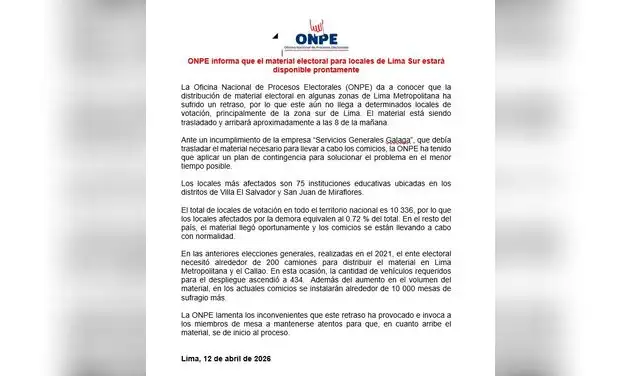 ONPE se pronuncia por el retraso del material electoral.
