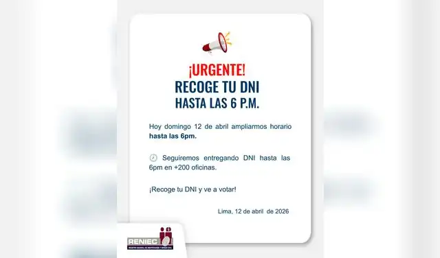 Reniec amplia su horario de atención este domingo 12 de abril.