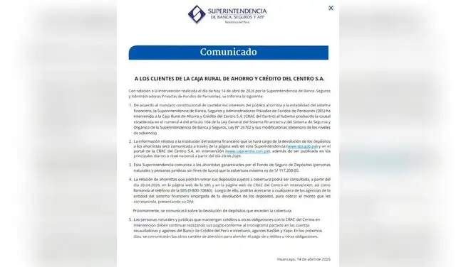 SBS publicó un comunicado en la página web de la Caja Centro. SBS publicó un comunicado en la página web de la Caja Centro.
