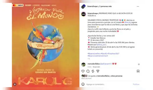 Anuncio oficial del concierto de Karol G en Lima 2027.