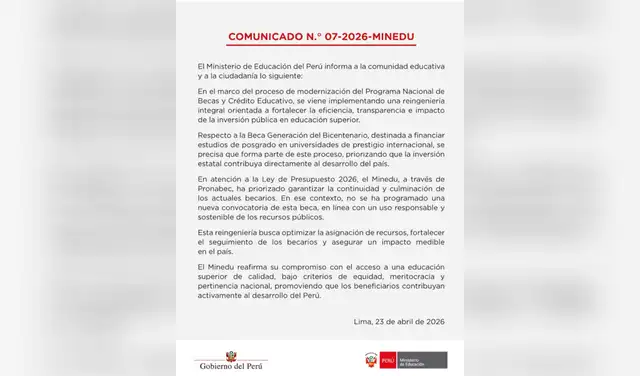 Pronunciamiento de Minedu sobre Beca Generación del Bicentenario.   
