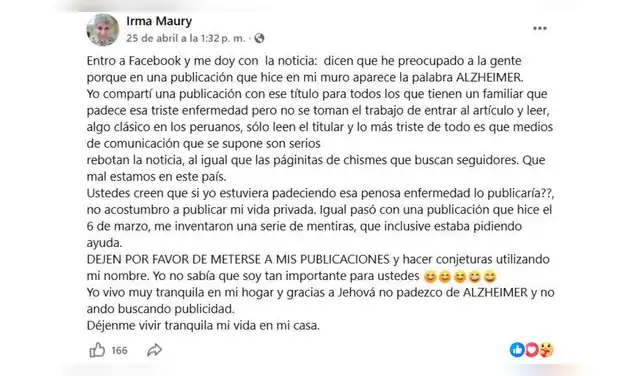 Irma Maury se pronuncia sobre su salud.