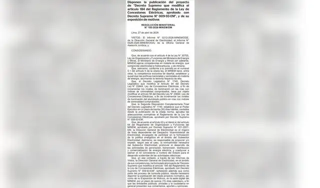Decreto Supremo que modifica el artículo 184 del Reglamento de la Ley de Concesiones Eléctricas.  