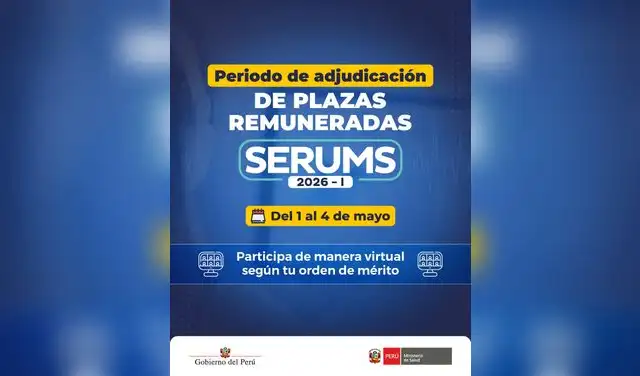 Minsa da inicio a la adjudicación de plazas remuneradas SERUMS 2026-I.  