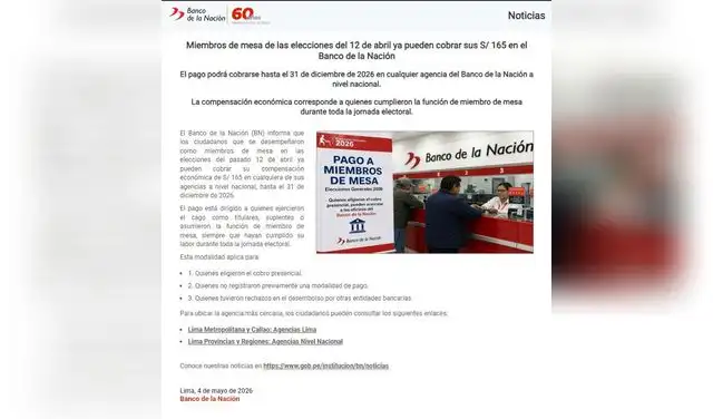 Miembros de mesa de las elecciones del 12 de abril ya pueden cobrar sus S/ 165 en el Banco de la Nación.  