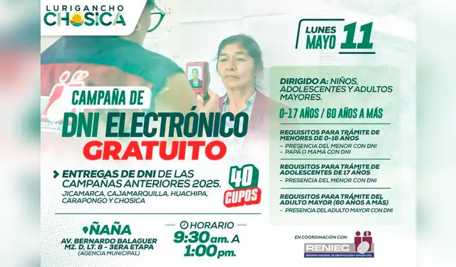 Campaña gratuita del DNI electrónico el 12 de mayo en Lurigancho-Chosica.  