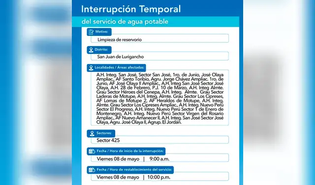 Corte de agua este 8 de mayo en San Juan de Lurigancho, según Sedapal.  
