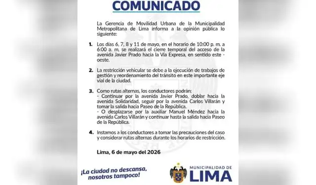Cierre afecta tránsito de este a oeste. Créditos: Municipalidad de Lima. Rutas alternas  