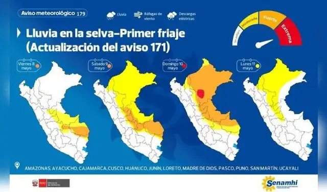 Del 8 al 11 de mayo se registrarán lluvias por el primer friaje del año en la selva, informó el Senamhi.  