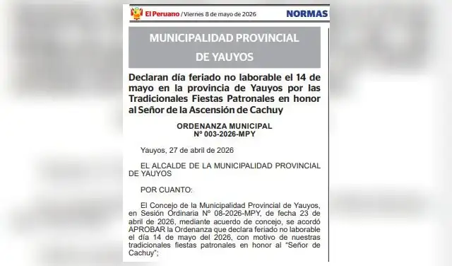 Declaran día feriado no laborable el 14 de mayo. ORDENANZA MUNICIPAL Nº 003-2026-MPY  