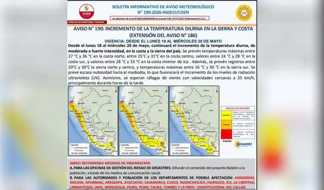 Boletín informativo del aviso meteorológico N° 190-2026-INDECI/COEN  
