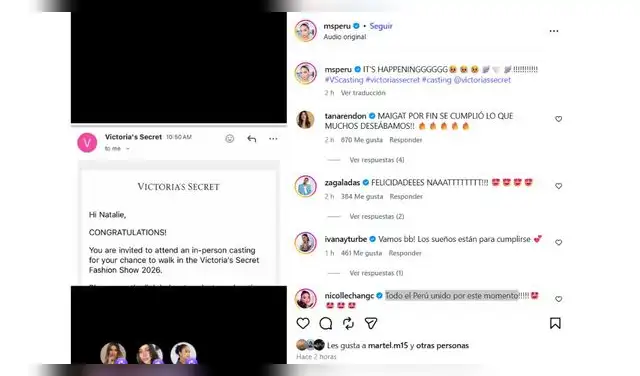 Correo que recibió Natalie Vértiz para casting presencial de Victoria's Secret.