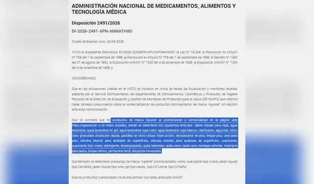 La ANMAT prohibió la venta y producción de una marca productos de limpieza. Disposición 2491/2026.  