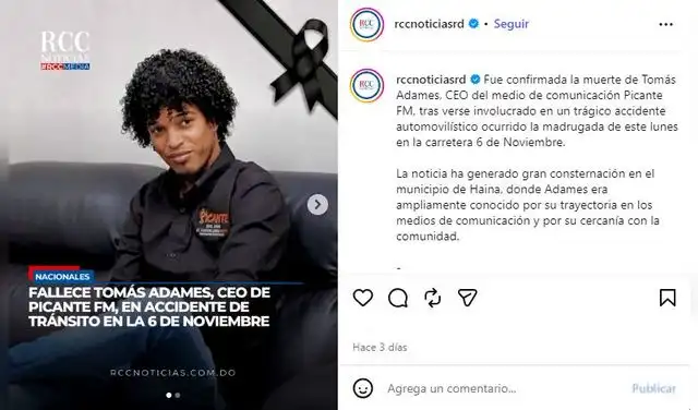 Fallece el "filmmaker" dominicano Tomás Adames en accidente de tránsito en la autopista 6 de Noviembre.  