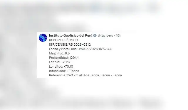 IGP reporta sismo en Tacna - Perú.  