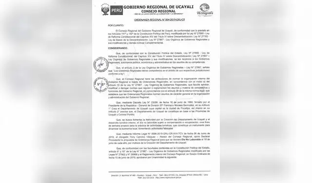 Ordenanza Regional N°0004-2019-GRU-GR.  