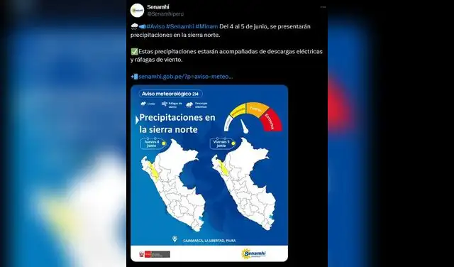 Senamhi informa que lluvias ligeras a moderadas en la sierra norte ponen en alerta a 21 provincias.  