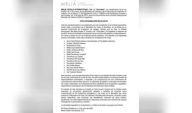 Meliá Hotels International confirmó el cierre inmediato de 15 hoteles que administraba en Cuba.  