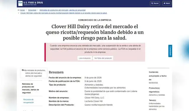 FDA: Clover Hill Dairy retira queso ricotta/requesón blando por posible contaminación y riesgo para la salud  