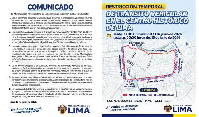 Comunicado de la MML respecto a las modificaciones en el tránsito por la denominada 'La Marcha de Lima'.   