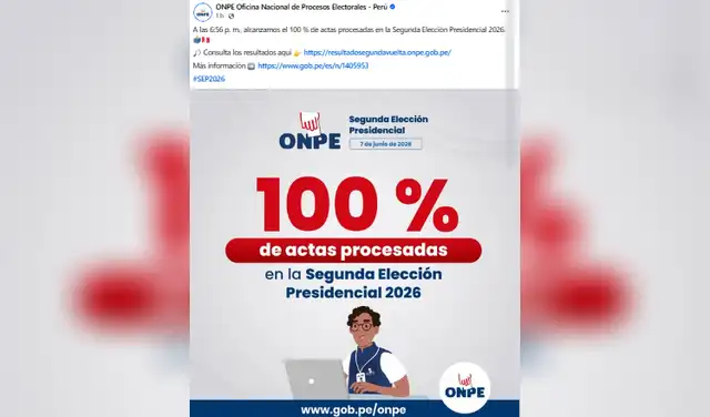 ONPE anuncia el 100% de actas procesadas.   