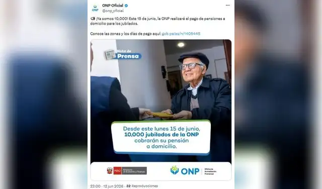 ONP pagará pensiones a domicilio a 10 mil jubilados desde este 15 de junio.  