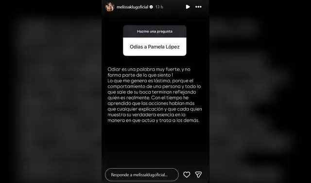 Melissa Klug responde qué piensa de Pamela López