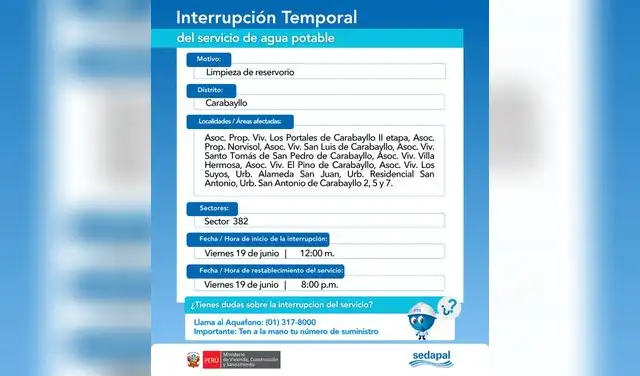 Corte de agua este 19 de junio en Carabayllo.  