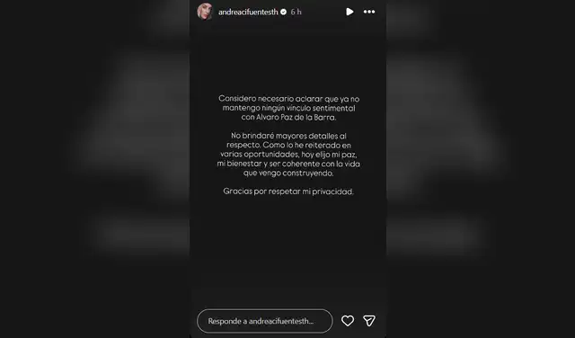 Andrea Cifuentes confirma su ruptura con Álvaro Paz de la Barra