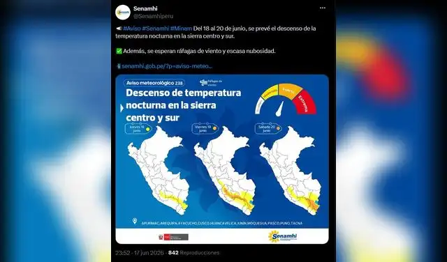 Senamhi alerta temperaturas de hasta -16°C en la sierra sur.  