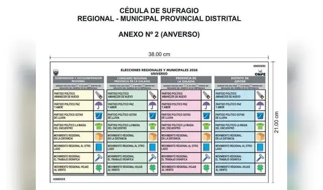 Cédula de votación para las elecciones regionales y municipales 2026.  