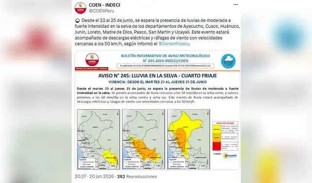 Senamhi alerta por lluvias de fuerte intensidad con descargas eléctricas en la selva del Perú. Senamhi alerta por lluvias de fuerte intensidad con descargas eléctricas en la selva del Perú.