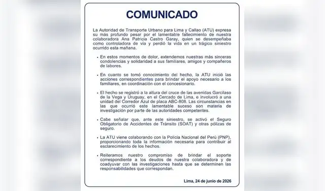 Comunicado emitido por la ATU tras el incidente.  
