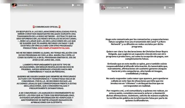 Comunicados de Salandela y Michelle Onetto.